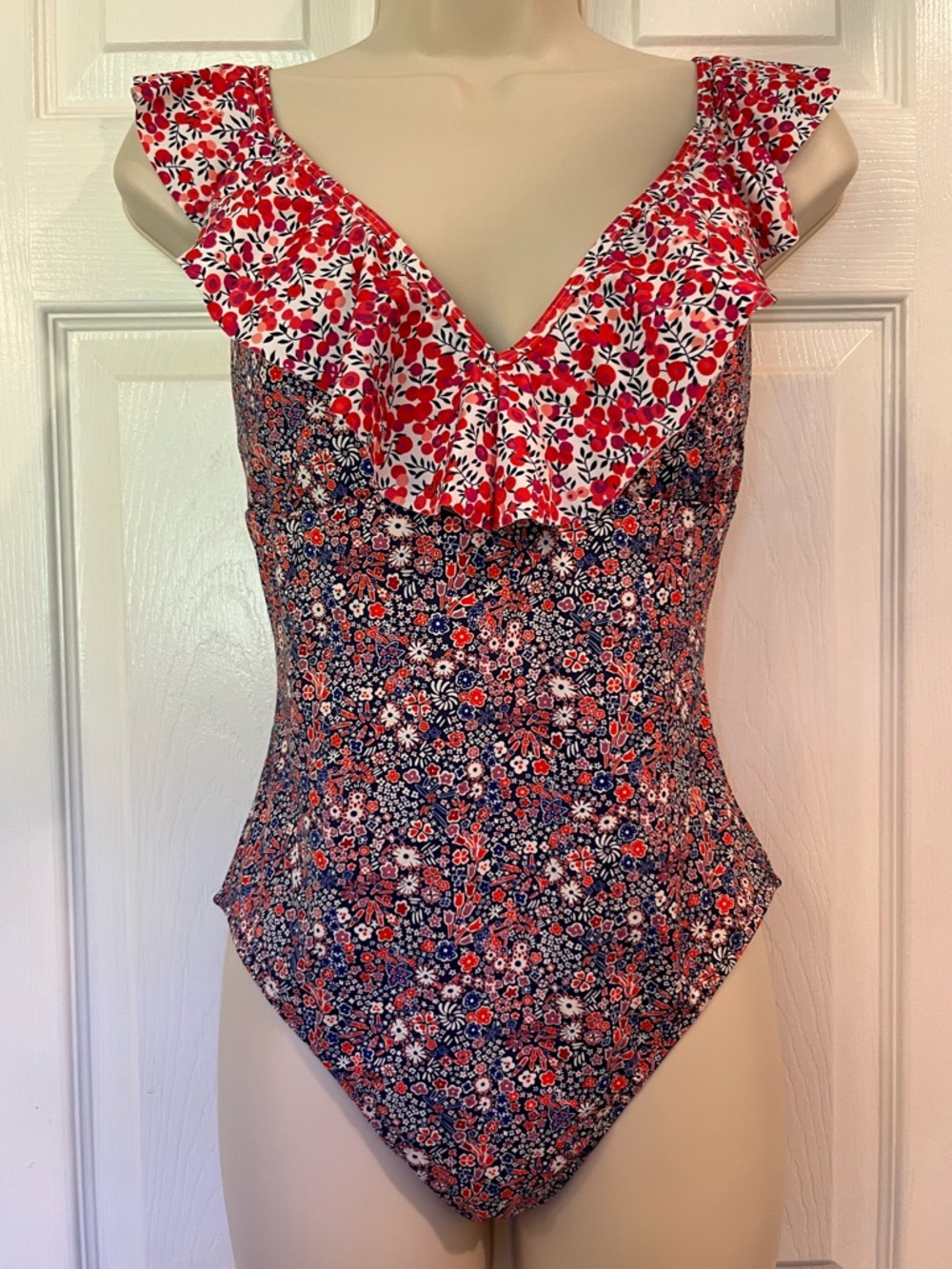 J. Crew Ruffle Deep V One-Piece Swimsuit Bathing Suit - Liberty Multi floral - Picture 2 of 14